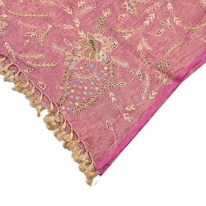 Indian Vintage Bridal Heavy Dupatta Pink Pure Tissue Silk Long Stole Hand Embroidered Hijab Scarves Zari Zardozi/Dabka Wedding Hijab Veil