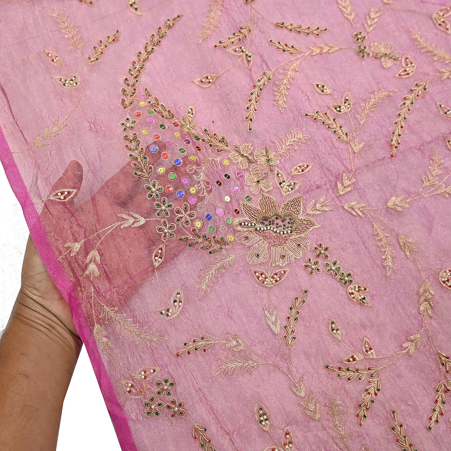 Indian Vintage Bridal Heavy Dupatta Pink Pure Tissue Silk Long Stole Hand Embroidered Hijab Scarves Zari Zardozi/Dabka Wedding Hijab Veil