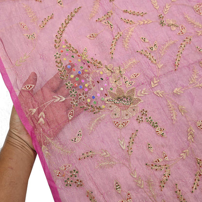 Indian Vintage Bridal Heavy Dupatta Pink Pure Tissue Silk Long Stole Hand Embroidered Hijab Scarves Zari Zardozi/Dabka Wedding Hijab Veil