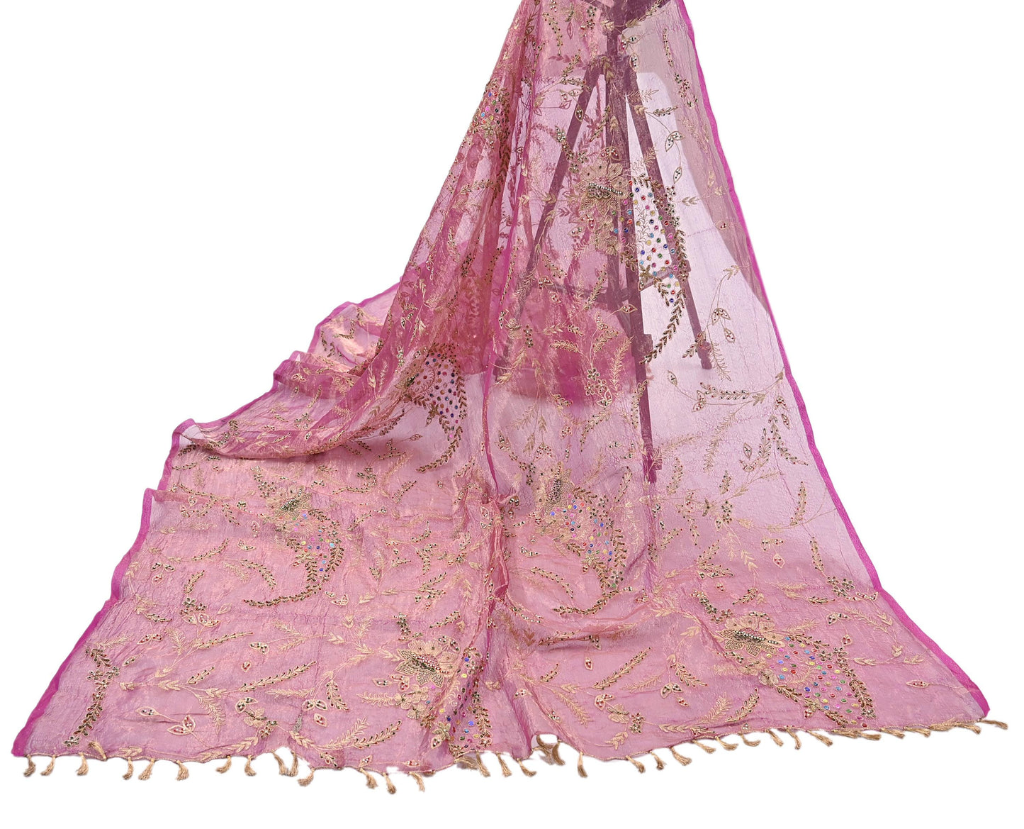 Indian Vintage Bridal Heavy Dupatta Pink Pure Tissue Silk Long Stole Hand Embroidered Hijab Scarves Zari Zardozi/Dabka Wedding Hijab Veil