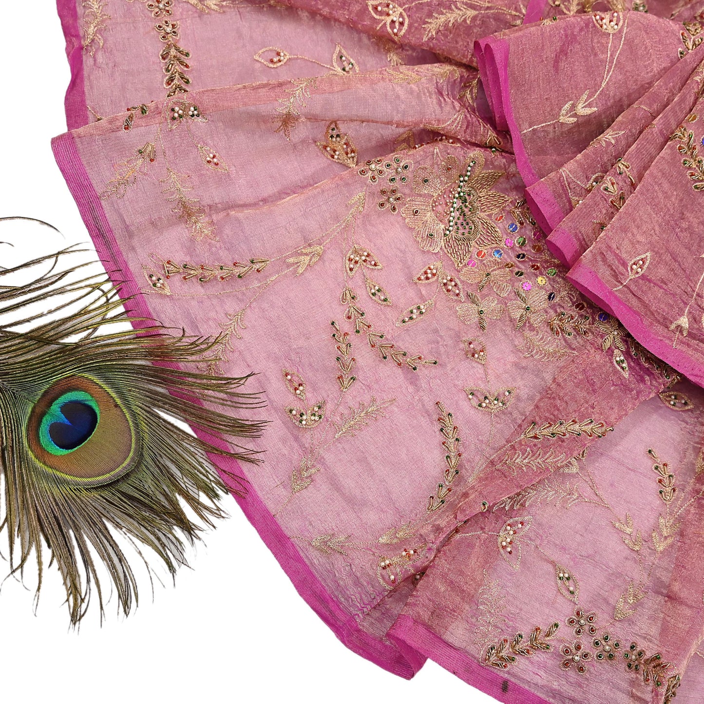 Indian Vintage Bridal Heavy Dupatta Pink Pure Tissue Silk Long Stole Hand Embroidered Hijab Scarves Zari Zardozi/Dabka Wedding Hijab Veil