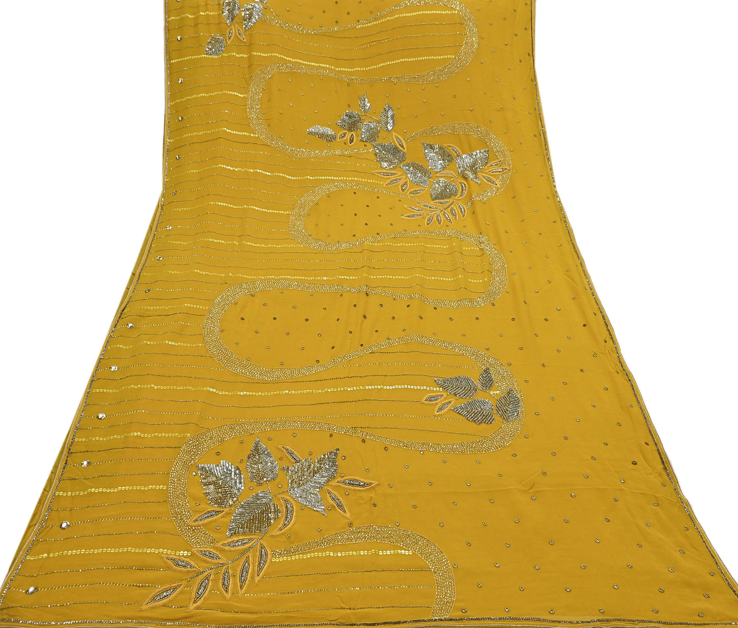 Indian Vintage Sari Mustard Pure Georgette Silk Hand Embroidered Sarees Craft Fabric 5Yd Sewing Soft Ethnic Glass Beaded Wedding Sarees