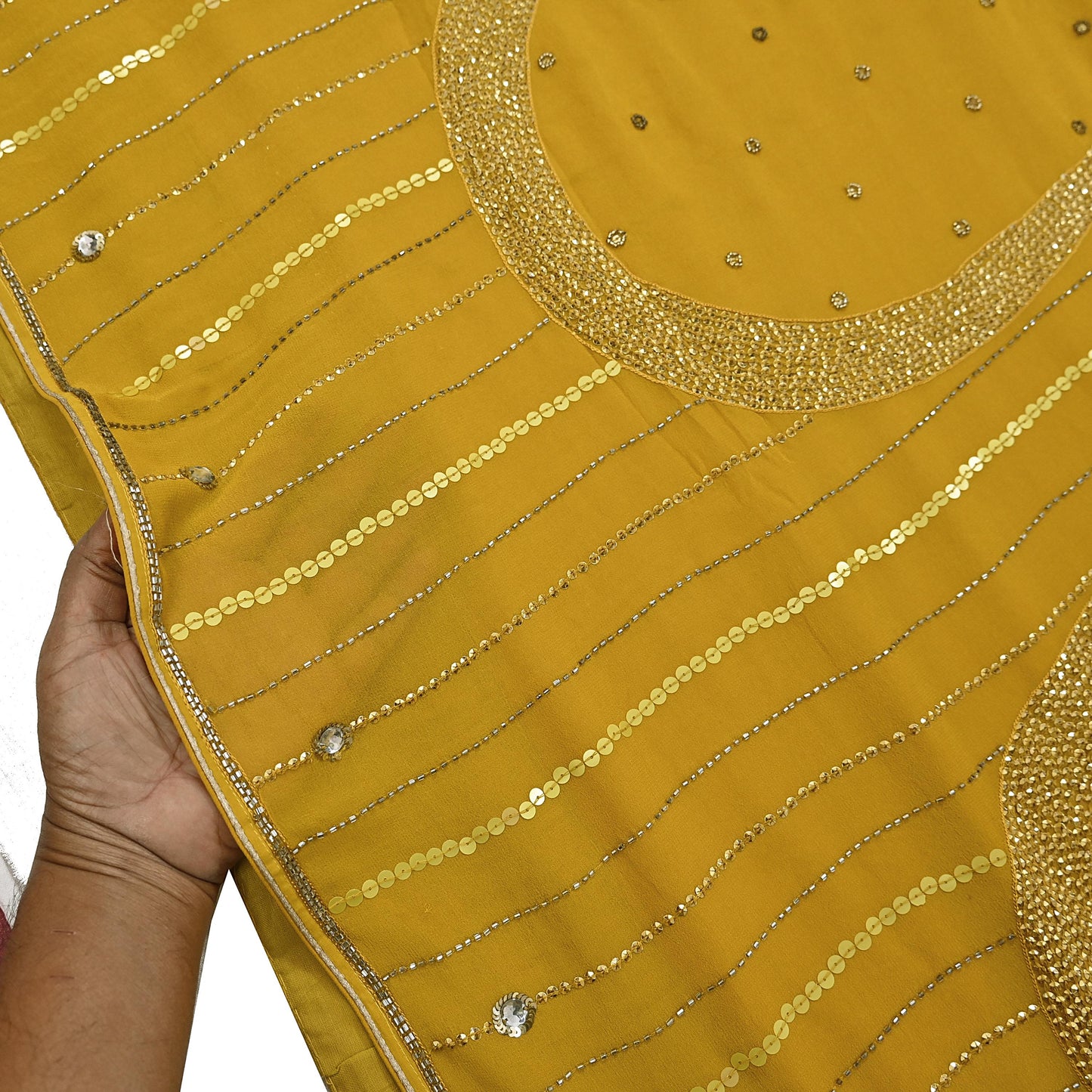 Indian Vintage Sari Mustard Pure Georgette Silk Hand Embroidered Sarees Craft Fabric 5Yd Sewing Soft Ethnic Glass Beaded Wedding Sarees