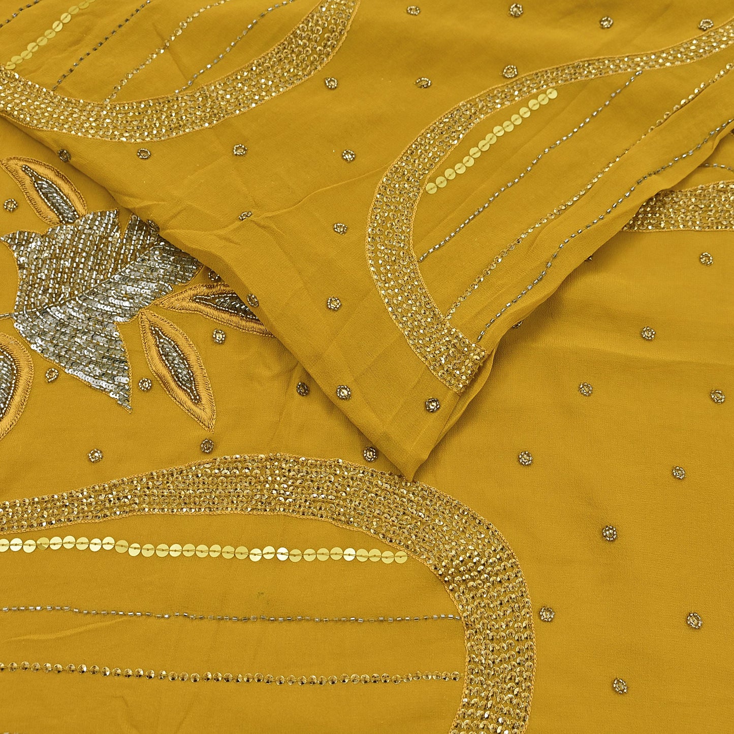 Indian Vintage Sari Mustard Pure Georgette Silk Hand Embroidered Sarees Craft Fabric 5Yd Sewing Soft Ethnic Glass Beaded Wedding Sarees