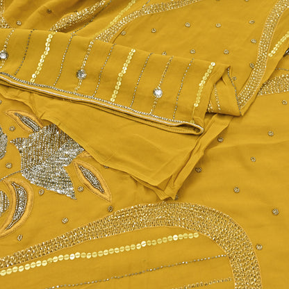 Indian Vintage Sari Mustard Pure Georgette Silk Hand Embroidered Sarees Craft Fabric 5Yd Sewing Soft Ethnic Glass Beaded Wedding Sarees