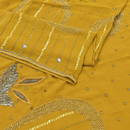 Indian Vintage Sari Mustard Pure Georgette Silk Hand Embroidered Sarees Craft Fabric 5Yd Sewing Soft Ethnic Glass Beaded Wedding Sarees