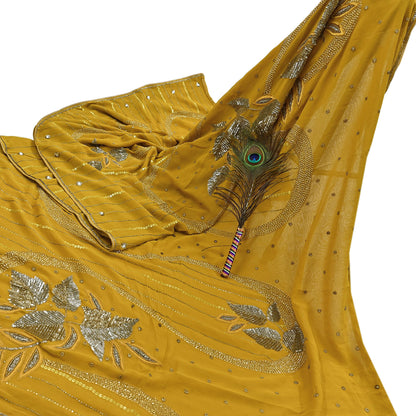 Indian Vintage Sari Mustard Pure Georgette Silk Hand Embroidered Sarees Craft Fabric 5Yd Sewing Soft Ethnic Glass Beaded Wedding Sarees