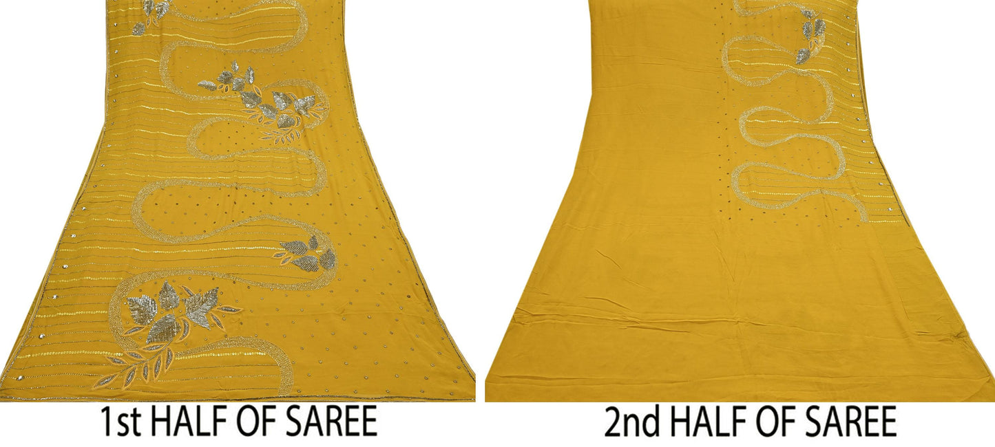 Indian Vintage Sari Mustard Pure Georgette Silk Hand Embroidered Sarees Craft Fabric 5Yd Sewing Soft Ethnic Glass Beaded Wedding Sarees