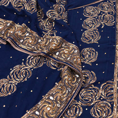 Indian Vintage Sari Blue Pure Georgette Silk Hand Embroidered Sarees Craft Fabric 6Yd Sewing Soft Ethnic Sequins Wedding Sarees