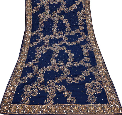 Indian Vintage Sari Blue Pure Georgette Silk Hand Embroidered Sarees Craft Fabric 6Yd Sewing Soft Ethnic Sequins Wedding Sarees