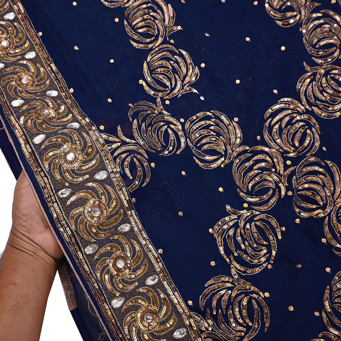 Indian Vintage Sari Blue Pure Georgette Silk Hand Embroidered Sarees Craft Fabric 6Yd Sewing Soft Ethnic Sequins Wedding Sarees