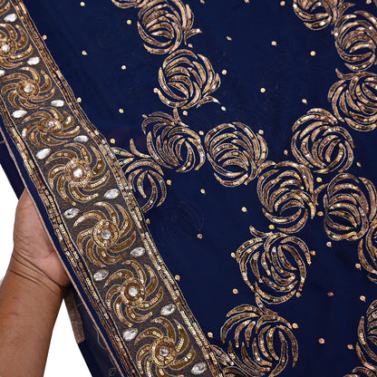 Indian Vintage Sari Blue Pure Georgette Silk Hand Embroidered Sarees Craft Fabric 6Yd Sewing Soft Ethnic Sequins Wedding Sarees