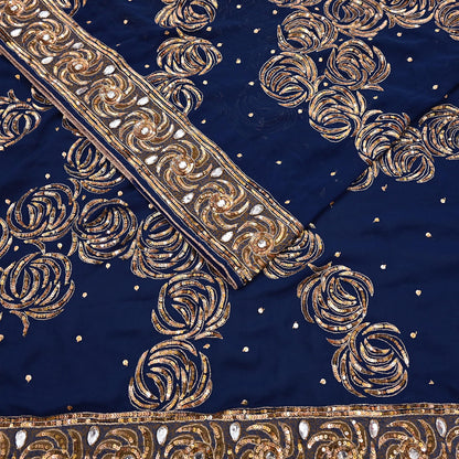 Indian Vintage Sari Blue Pure Georgette Silk Hand Embroidered Sarees Craft Fabric 6Yd Sewing Soft Ethnic Sequins Wedding Sarees