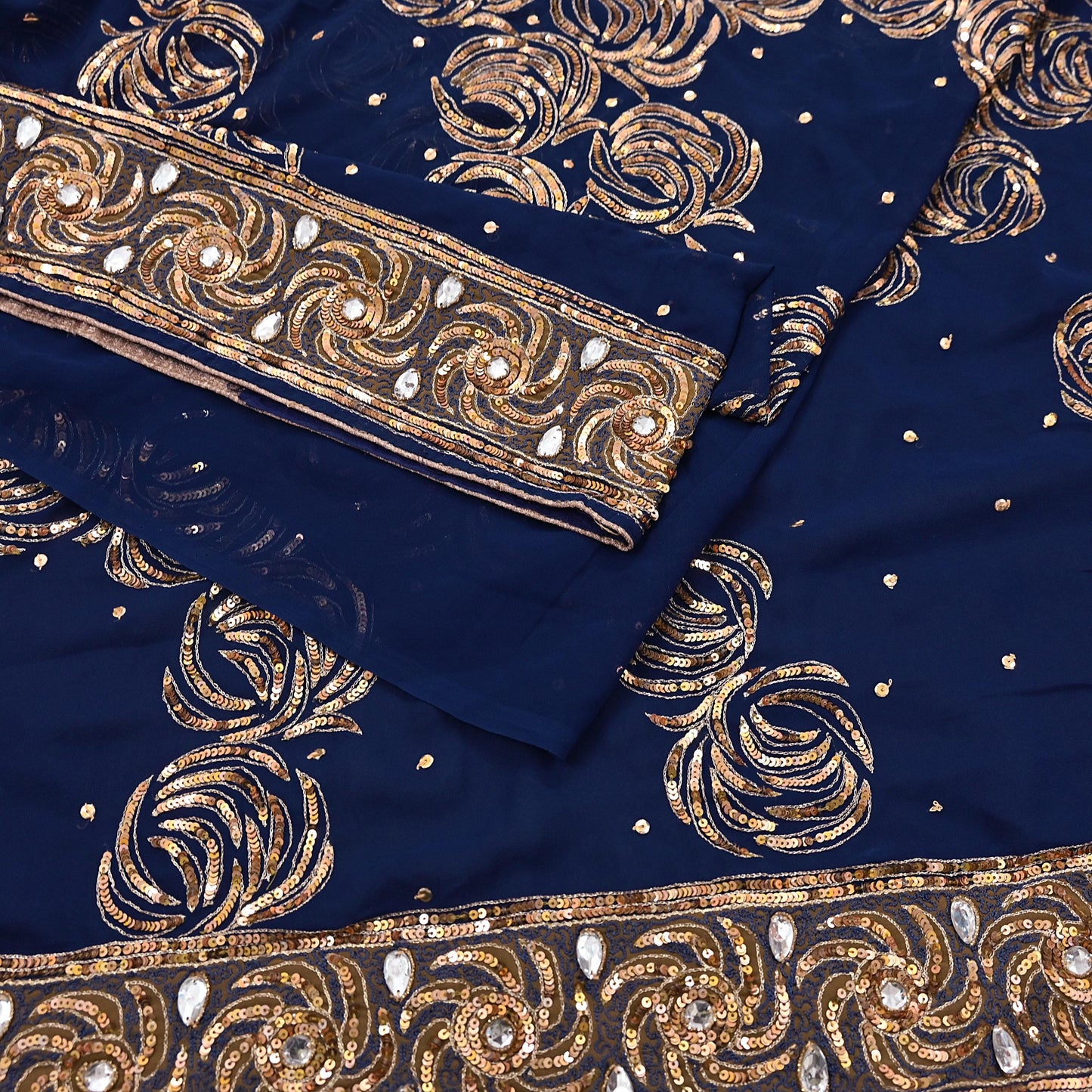 Indian Vintage Sari Blue Pure Georgette Silk Hand Embroidered Sarees Craft Fabric 6Yd Sewing Soft Ethnic Sequins Wedding Sarees