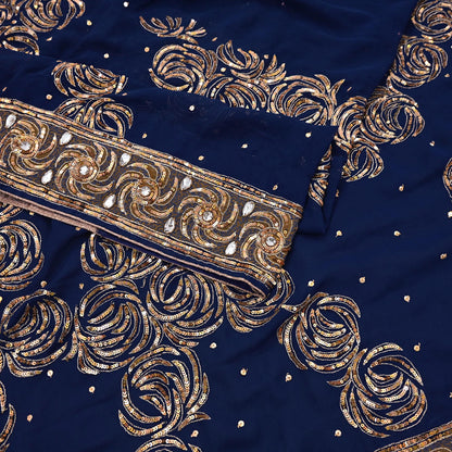 Indian Vintage Sari Blue Pure Georgette Silk Hand Embroidered Sarees Craft Fabric 6Yd Sewing Soft Ethnic Sequins Wedding Sarees