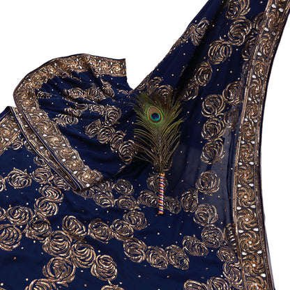 Indian Vintage Sari Blue Pure Georgette Silk Hand Embroidered Sarees Craft Fabric 6Yd Sewing Soft Ethnic Sequins Wedding Sarees