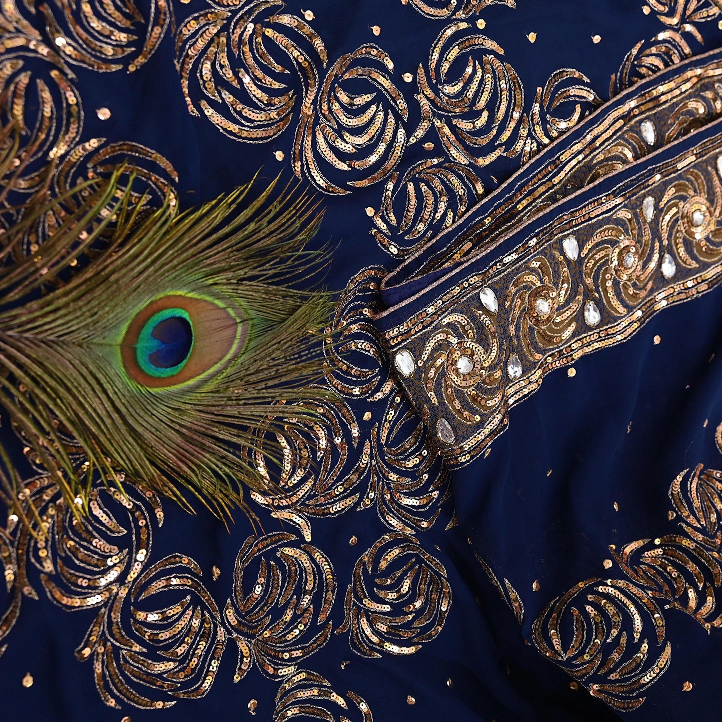 Indian Vintage Sari Blue Pure Georgette Silk Hand Embroidered Sarees Craft Fabric 6Yd Sewing Soft Ethnic Sequins Wedding Sarees