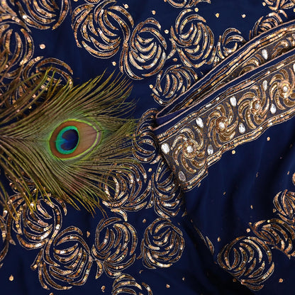 Indian Vintage Sari Blue Pure Georgette Silk Hand Embroidered Sarees Craft Fabric 6Yd Sewing Soft Ethnic Sequins Wedding Sarees