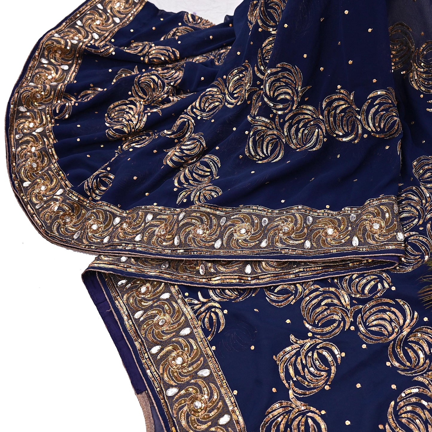Indian Vintage Sari Blue Pure Georgette Silk Hand Embroidered Sarees Craft Fabric 6Yd Sewing Soft Ethnic Sequins Wedding Sarees