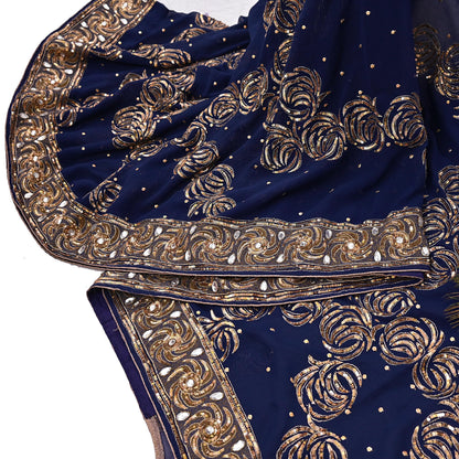Indian Vintage Sari Blue Pure Georgette Silk Hand Embroidered Sarees Craft Fabric 6Yd Sewing Soft Ethnic Sequins Wedding Sarees