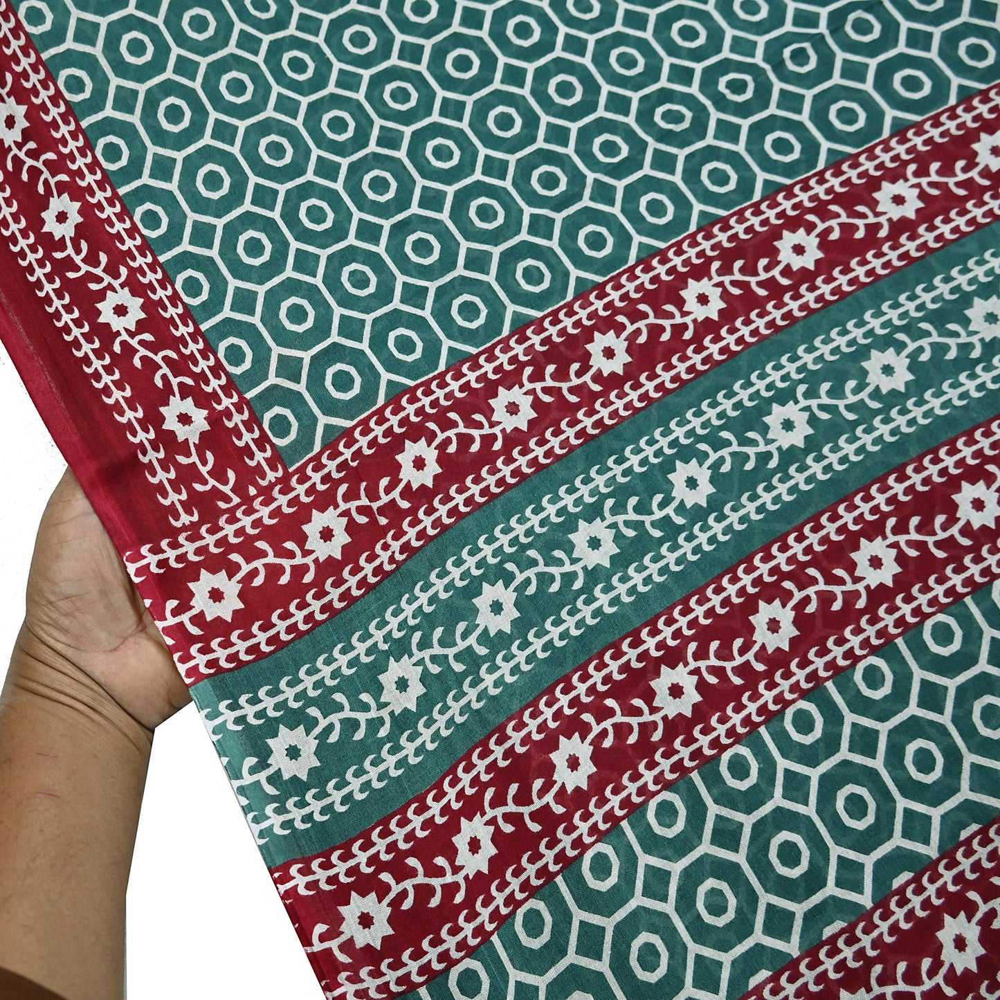 Indian Vintage Sari Green & Red Printed Pure Cotton Saree Craft Fabric 5Yd Sewing Sarong Wrap Boho Floral Crafting Upcycle Quilting Used