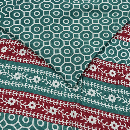 Indian Vintage Sari Green & Red Printed Pure Cotton Saree Craft Fabric 5Yd Sewing Sarong Wrap Boho Floral Crafting Upcycle Quilting Used