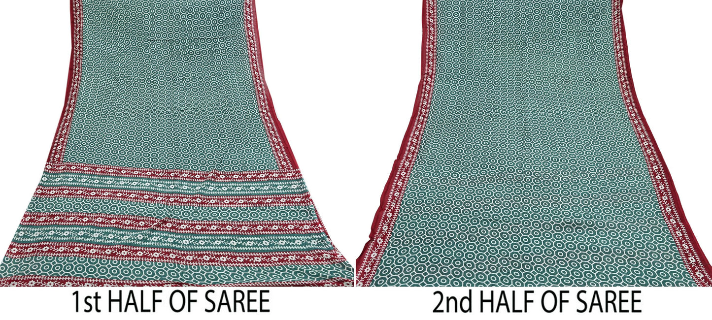 Indian Vintage Sari Green & Red Printed Pure Cotton Saree Craft Fabric 5Yd Sewing Sarong Wrap Boho Floral Crafting Upcycle Quilting Used