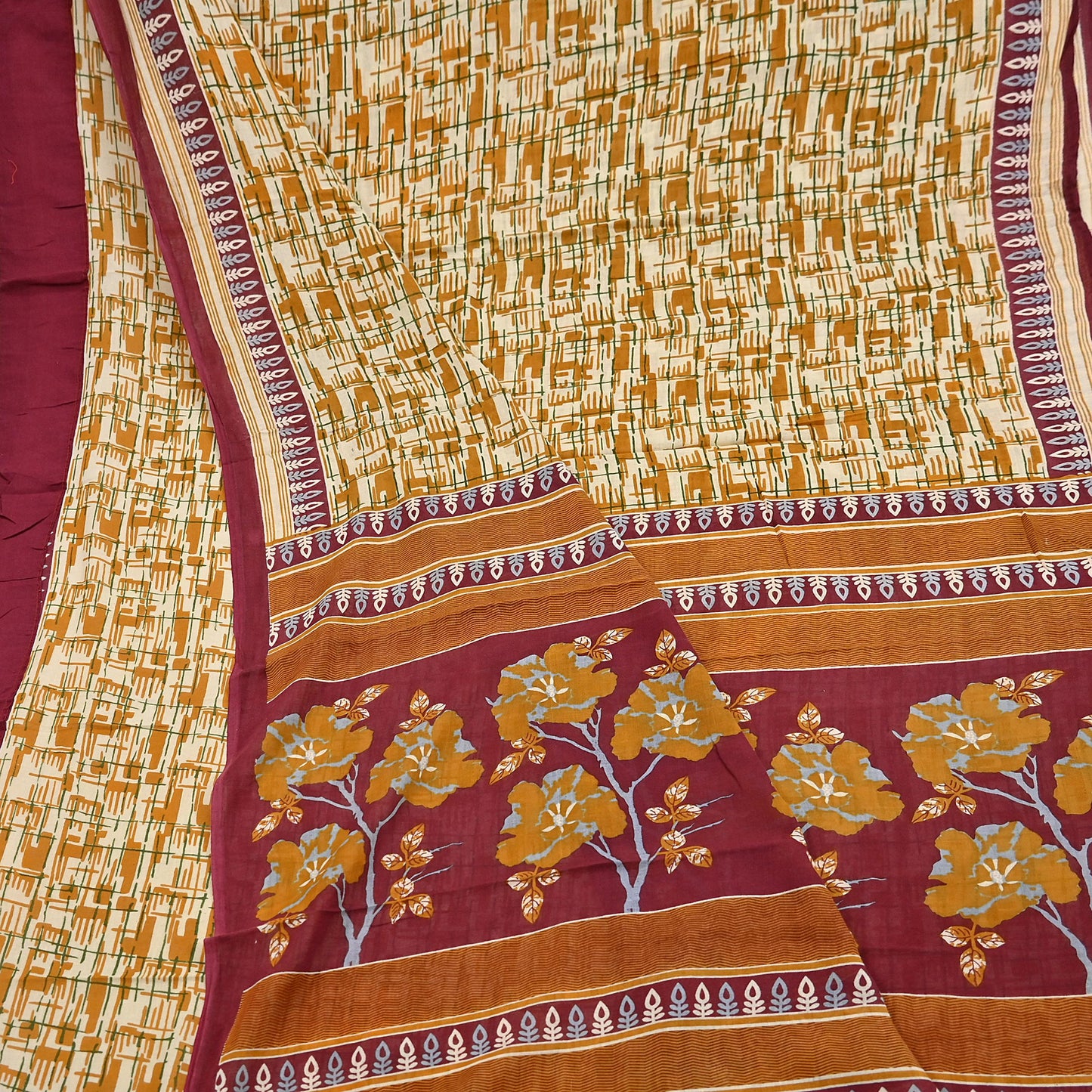 Indian Vintage Sari Ivory, Mustard Printed Pure Cotton Sarees 5Yd Craft Fabric Soft Sewing Sarong Wrap Boho Upcycle quilting Dress making