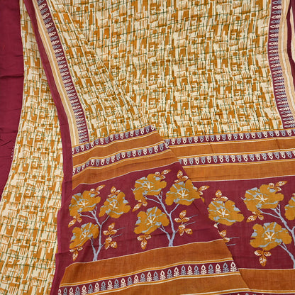 Indian Vintage Sari Ivory, Mustard Printed Pure Cotton Sarees 5Yd Craft Fabric Soft Sewing Sarong Wrap Boho Upcycle quilting Dress making