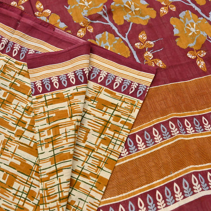 Indian Vintage Sari Ivory, Mustard Printed Pure Cotton Sarees 5Yd Craft Fabric Soft Sewing Sarong Wrap Boho Upcycle quilting Dress making