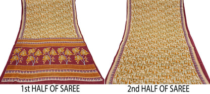 Indian Vintage Sari Ivory, Mustard Printed Pure Cotton Sarees 5Yd Craft Fabric Soft Sewing Sarong Wrap Boho Upcycle quilting Dress making