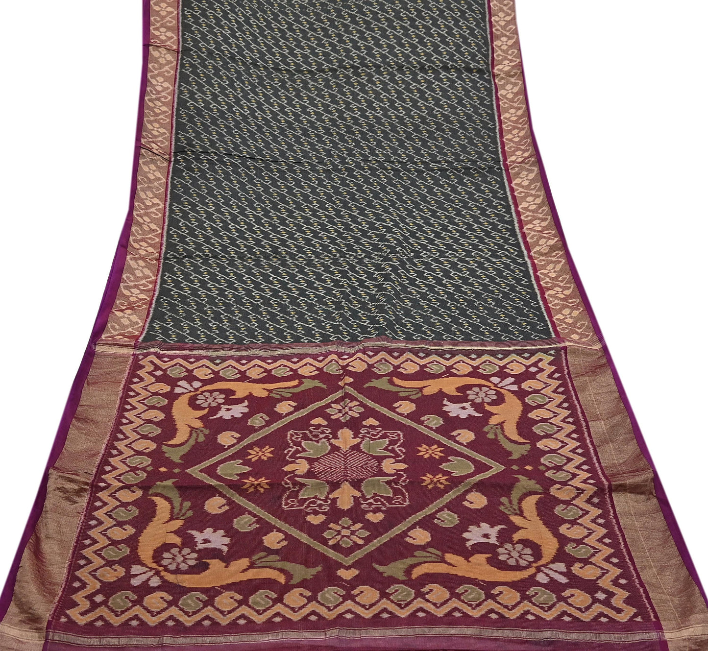 Indian Vintage Sari Maroon & Black Hand woven Sambalpuri Ikat Saree Pure Silk Craft Fabric 5Yd Ethnic Chackra Border Zari Dress making