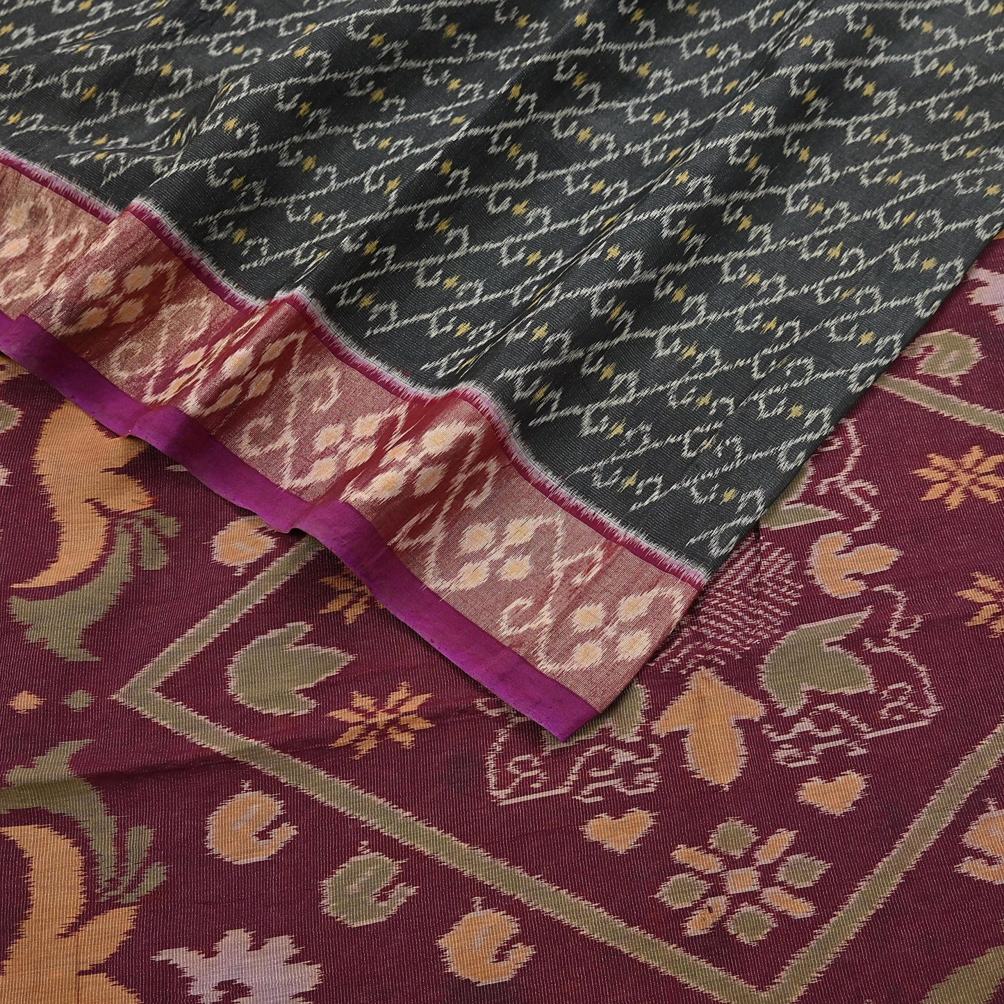 Indian Vintage Sari Maroon & Black Hand woven Sambalpuri Ikat Saree Pure Silk Craft Fabric 5Yd Ethnic Chackra Border Zari Dress making