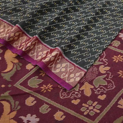 Indian Vintage Sari Maroon & Black Hand woven Sambalpuri Ikat Saree Pure Silk Craft Fabric 5Yd Ethnic Chackra Border Zari Dress making