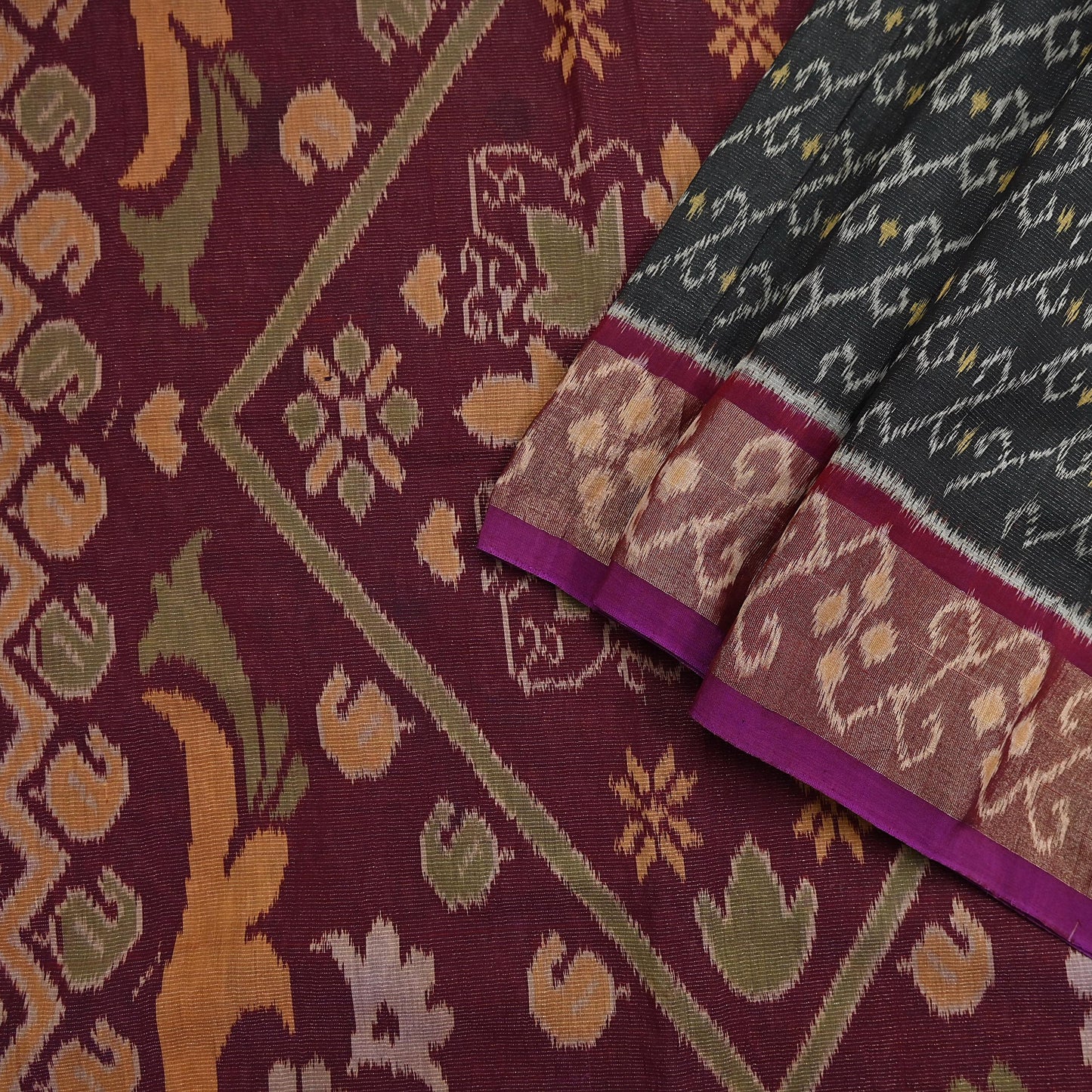 Indian Vintage Sari Maroon & Black Hand woven Sambalpuri Ikat Saree Pure Silk Craft Fabric 5Yd Ethnic Chackra Border Zari Dress making
