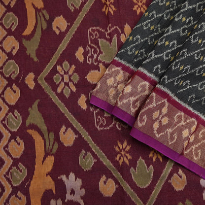 Indian Vintage Sari Maroon & Black Hand woven Sambalpuri Ikat Saree Pure Silk Craft Fabric 5Yd Ethnic Chackra Border Zari Dress making
