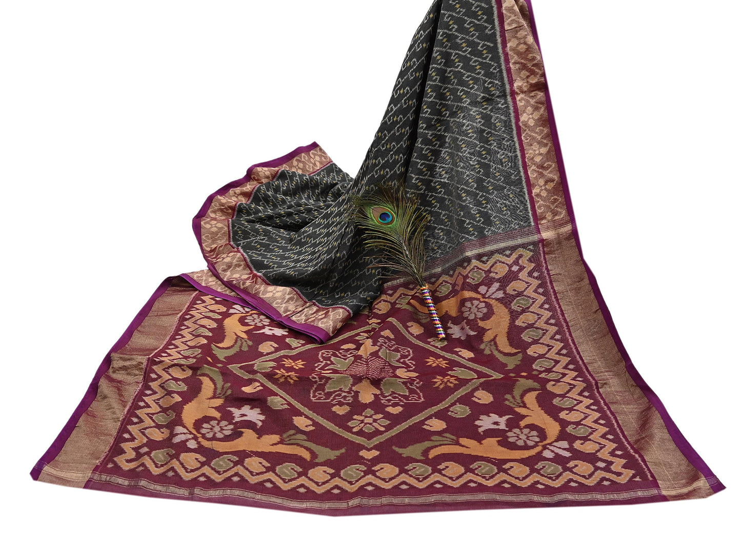 Indian Vintage Sari Maroon & Black Hand woven Sambalpuri Ikat Saree Pure Silk Craft Fabric 5Yd Ethnic Chackra Border Zari Dress making