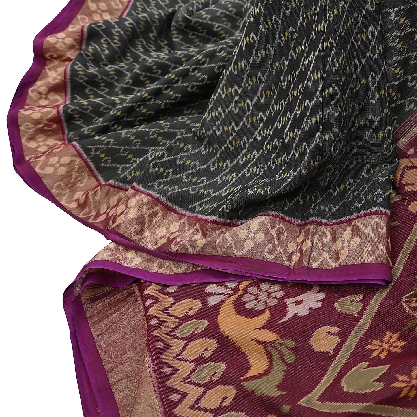 Indian Vintage Sari Maroon & Black Hand woven Sambalpuri Ikat Saree Pure Silk Craft Fabric 5Yd Ethnic Chackra Border Zari Dress making