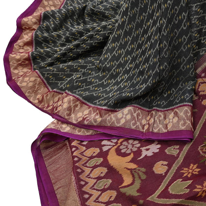 Indian Vintage Sari Maroon & Black Hand woven Sambalpuri Ikat Saree Pure Silk Craft Fabric 5Yd Ethnic Chackra Border Zari Dress making