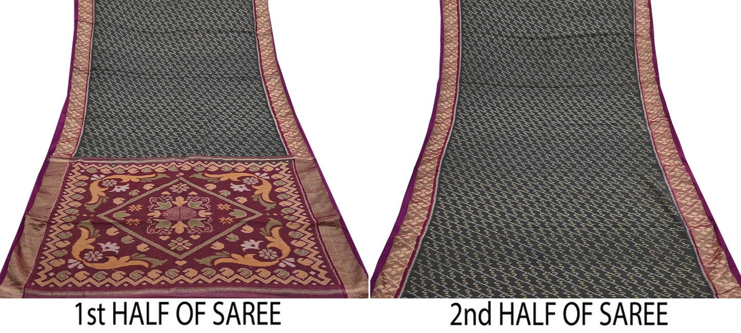 Indian Vintage Sari Maroon & Black Hand woven Sambalpuri Ikat Saree Pure Silk Craft Fabric 5Yd Ethnic Chackra Border Zari Dress making
