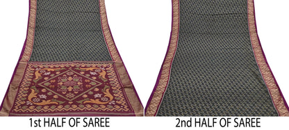 Indian Vintage Sari Maroon & Black Hand woven Sambalpuri Ikat Saree Pure Silk Craft Fabric 5Yd Ethnic Chackra Border Zari Dress making