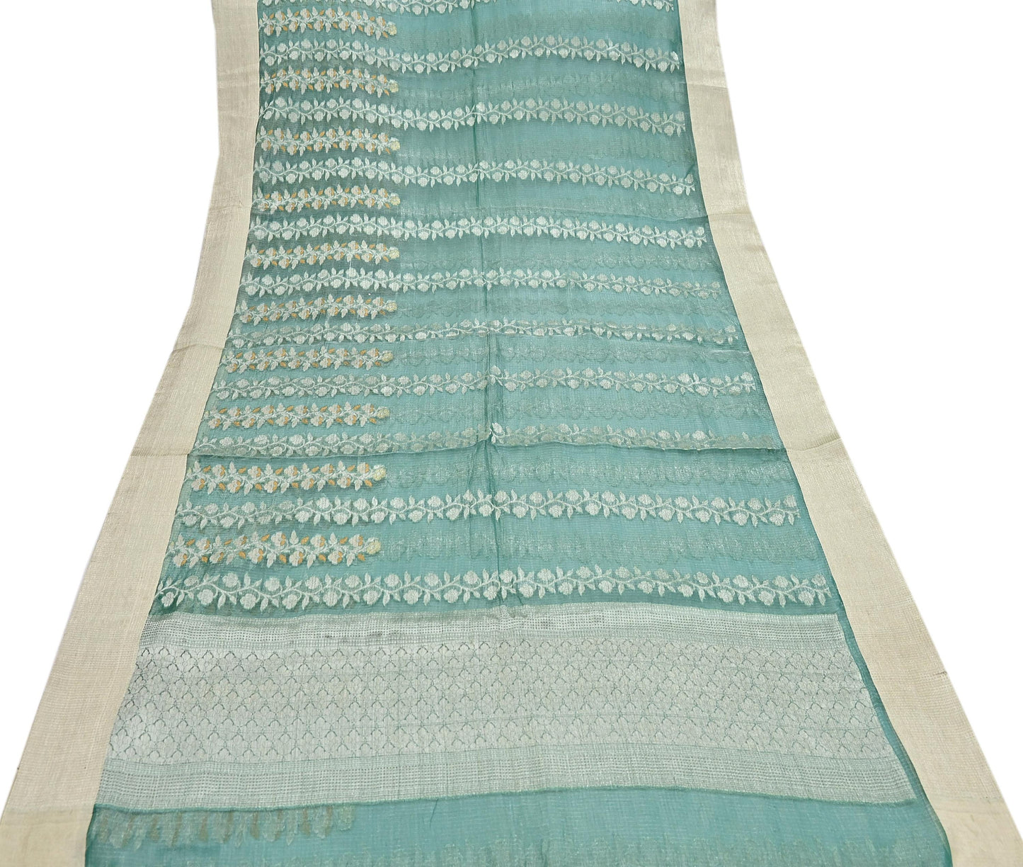 Indian Vintage Sari Green Hand Woven 100% Pure Organza Silk Saree Craft Fabric 6Yd Dress Making Crafting Quilting Upcycle Zari