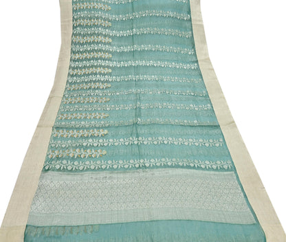 Indian Vintage Sari Green Hand Woven 100% Pure Organza Silk Saree Craft Fabric 6Yd Dress Making Crafting Quilting Upcycle Zari
