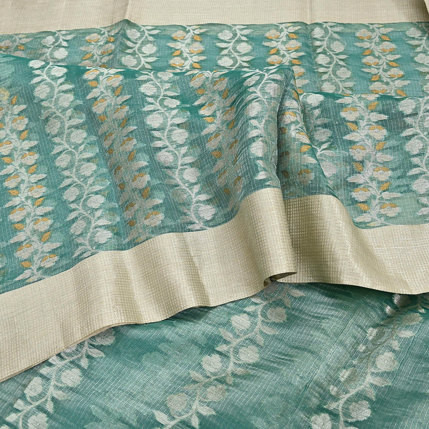 Indian Vintage Sari Green Hand Woven 100% Pure Organza Silk Saree Craft Fabric 6Yd Dress Making Crafting Quilting Upcycle Zari