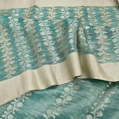 Indian Vintage Sari Green Hand Woven 100% Pure Organza Silk Saree Craft Fabric 6Yd Dress Making Crafting Quilting Upcycle Zari