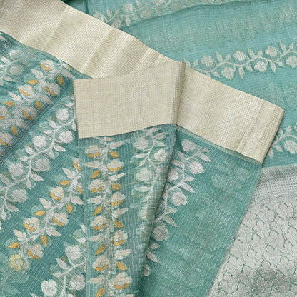 Indian Vintage Sari Green Hand Woven 100% Pure Organza Silk Saree Craft Fabric 6Yd Dress Making Crafting Quilting Upcycle Zari
