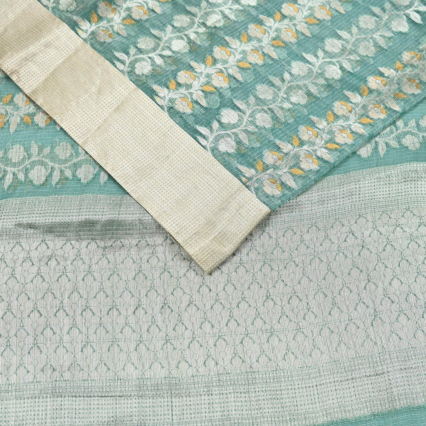 Indian Vintage Sari Green Hand Woven 100% Pure Organza Silk Saree Craft Fabric 6Yd Dress Making Crafting Quilting Upcycle Zari