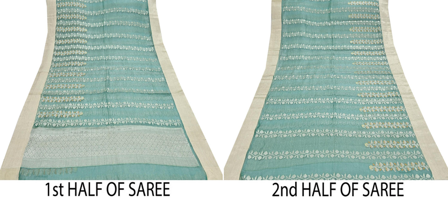 Indian Vintage Sari Green Hand Woven 100% Pure Organza Silk Saree Craft Fabric 6Yd Dress Making Crafting Quilting Upcycle Zari