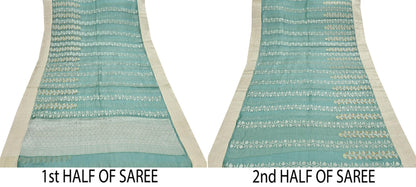 Indian Vintage Sari Green Hand Woven 100% Pure Organza Silk Saree Craft Fabric 6Yd Dress Making Crafting Quilting Upcycle Zari