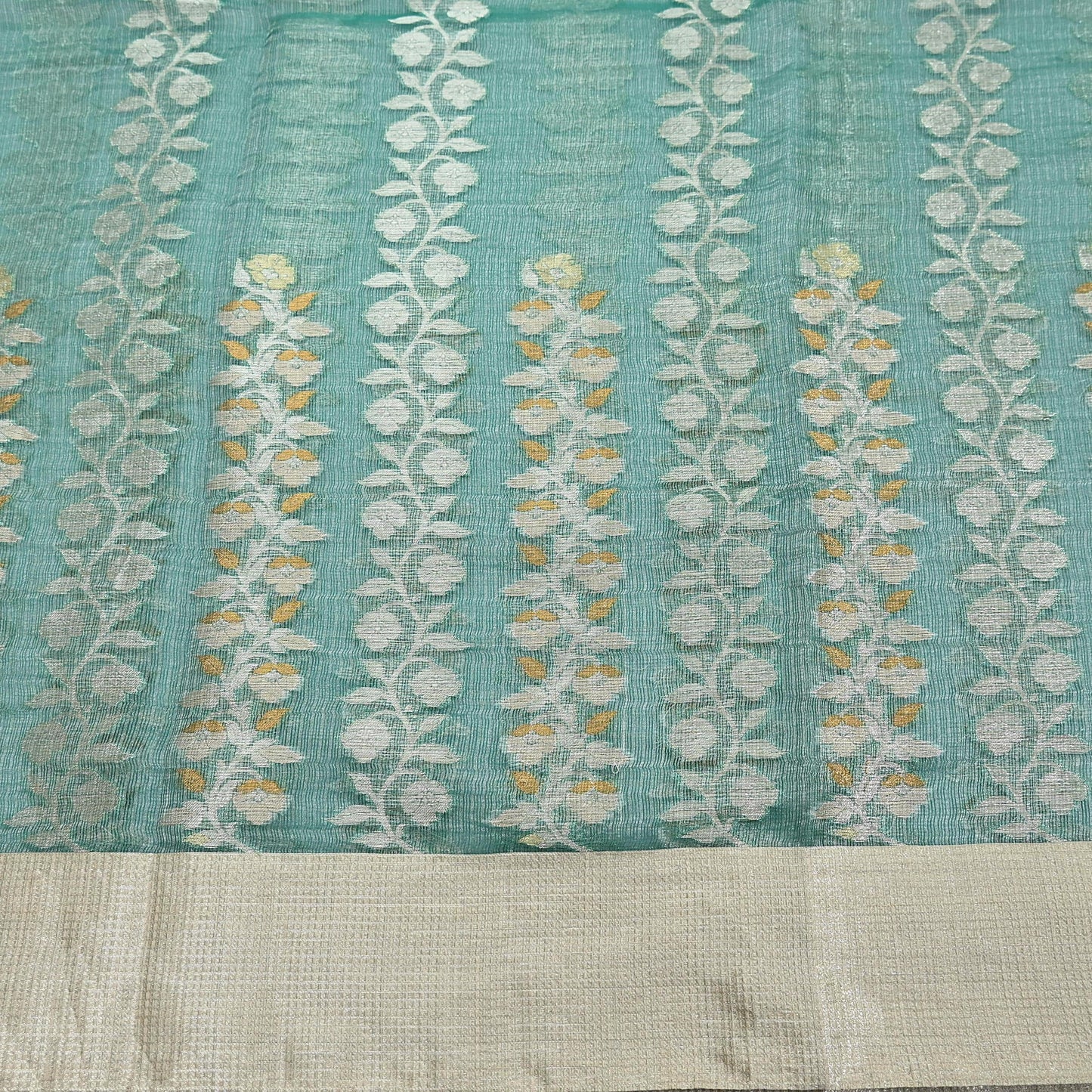 Indian Vintage Sari Green Hand Woven 100% Pure Organza Silk Saree Craft Fabric 6Yd Dress Making Crafting Quilting Upcycle Zari